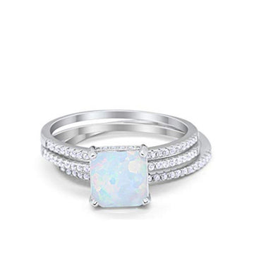 Princess Cut Wedding 3 Piece Ring Lab Created White Opal 925 Sterling Silver